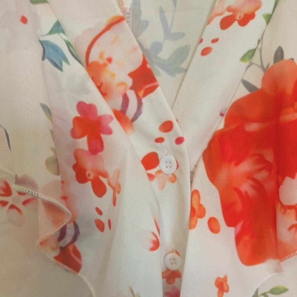 Floral Ruffle Women's Top - Orange and White XL - Picture 7 of 11